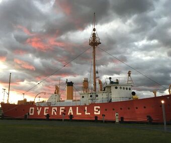 Sunset view of the historic Lightship Overfalls in Lewes, Delaware.
