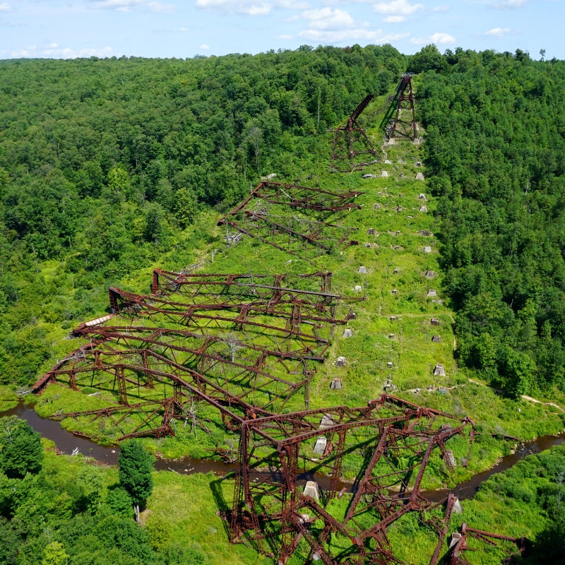 View of the debris field at Kinzua Bridge State Park in Pennsylvania. 