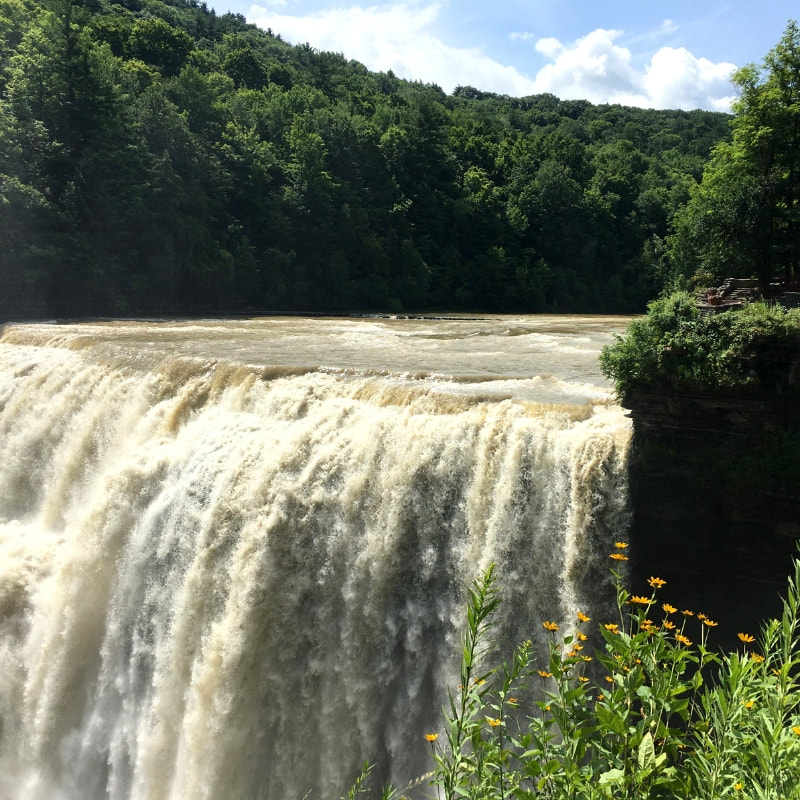 View of the middle falls at scenic Letchworth State Park in New York. A great stop on a road trip to Niagara Falls.